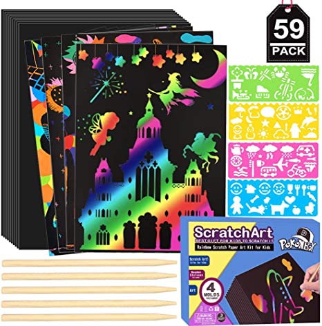 POKONBOY Rainbow Scratch Paper Art Kits for Kids, 50 PCS Rainbow Scratch Art Paper with 5 Wooden Styluses and 4 Stencils - Scratchboard Arts and Crafts for Girls Kids Birthday Easter Party Game