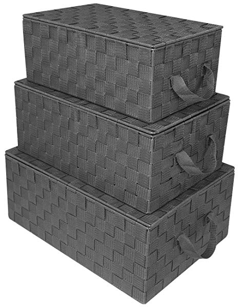 Sorbus Storage Box Woven Basket Bin Container Tote Cube Organizer Set Stackable Storage Basket Woven Strap Shelf Organizer Built-in Carry Handles (Woven Lid Baskets - Gray)