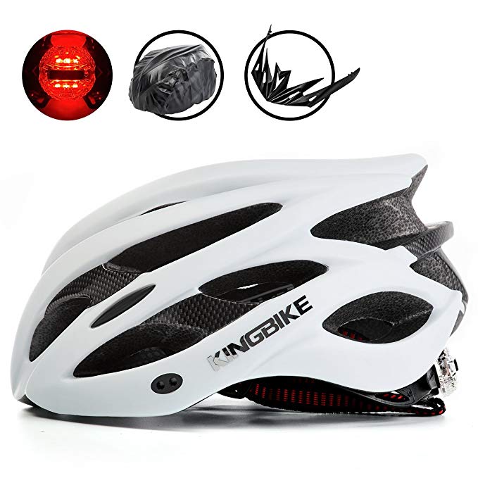 KINGBIKE Adult/Youth Bike Helmet, with Helmet Rain Cover/Detachable Visor/Safety Rear Led Light/Lightweight