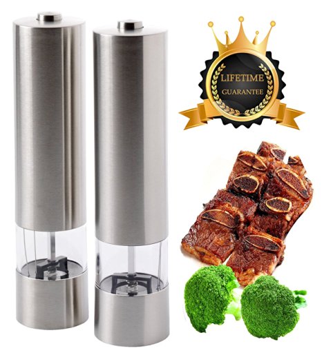 Electric Salt and Pepper Grinder Set Automatic Stainless Steel Ceramic Coarse Battery Power Square Head Set of 2