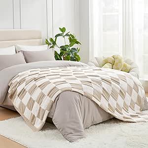 Snuggle Sac Checkered Throw Blanket Faux Fur Microfiber Blankets for Couch,Cozy Soft Warm Blanket for Sofa Bedroom Living Room,Beige Checker,60x80 inches,