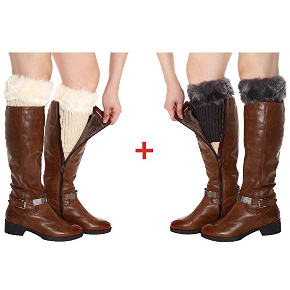 FAYBOX Women Winter Faux Fur Boot Cuff Knitting Leg Warmers Short