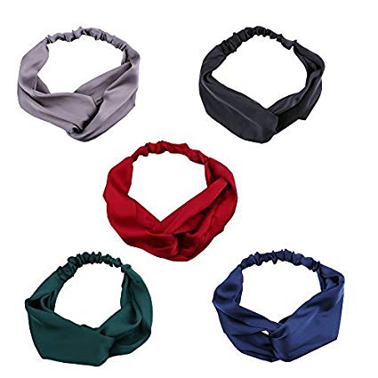 Headband for Women,Driew Girls Silk Satin Elastic Head Wrap headbands Turban Twisted Knotted - Pack of 5, 5 Colors