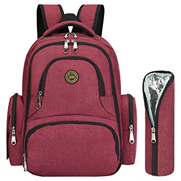 S-ZONE Upgraded Baby Diaper Bag Travel Backpack Anti-water with Changing Pad and Stroller Straps (Wine Red-with Insulated Sleeve)