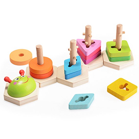 Wooka Wooden Geometric Sorting Puzzle, Stacking Toy for Toddlers, Learn Shapes and Colors，Educational Toys