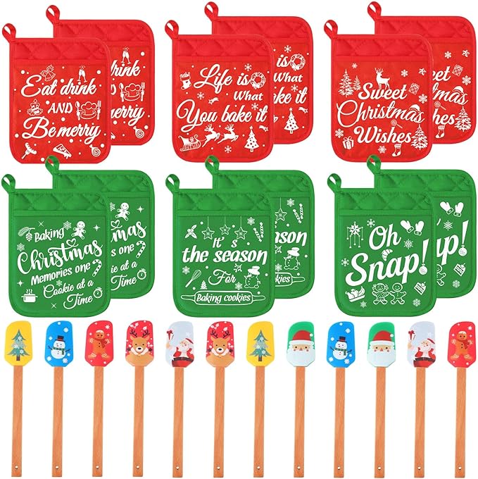 Yaomiao Christmas Pot Holders with Silicone Spatula Set Silicone Spatula Set with Wooden Handles Pot Holders for Kitchen Christmas Kitchen Utensils Christmas Baking Gifts for Xmas (24, Red, Green)