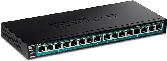 TRENDnet 16-Port Gigabit PoE  Switch, 16 x Gigabit PoE  Ports, 120W PoE Budget, Up to 30W Per Port, 1U 19” Rackmount Brackets Included, Fanless, Lifetime Protection, Black, TPE-TG161H