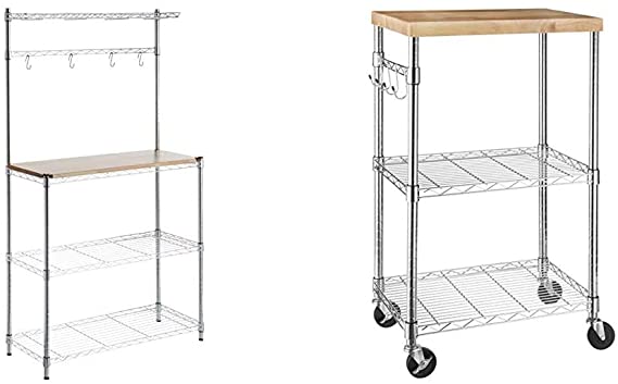 AmazonBasics Kitchen Storage Baker's Rack with Table, Wood/Chrome - 63.4" Height & Kitchen Rolling Microwave Cart on Wheels, Storage Rack, Wood/Chrome