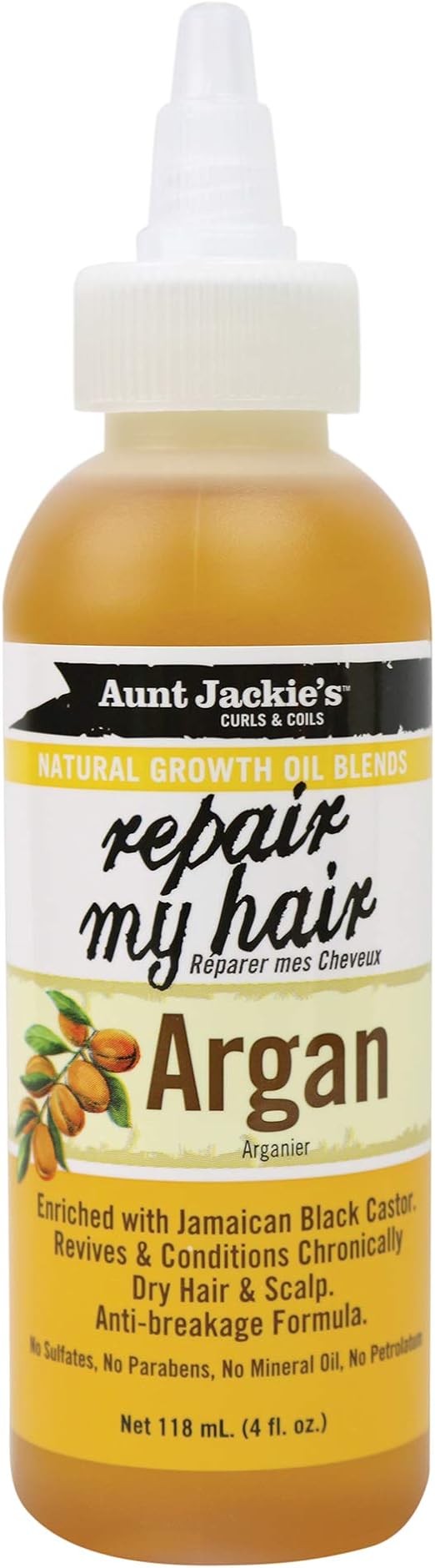 Aunt Jackie's Natural Growth Oil Blends Repair My Hair Enriched with Jamaican Black Castor and Argan Oil Revives and Conditions Chronically Dry Hair and Scalp 4 Ounce Twist Spout Bottle