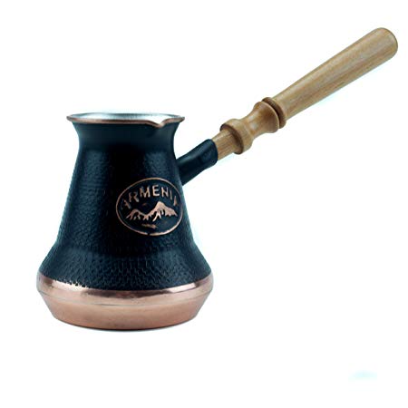 Handmade Armenian Coffee Pot Maker (7.6 Fl Oz) Copper Jazva Ararat Turkish Arabic Greek Cezve Jezve Ibrik Turka Jazzve Jazve Wooden Handle (7.6 Fl Oz (225ml))