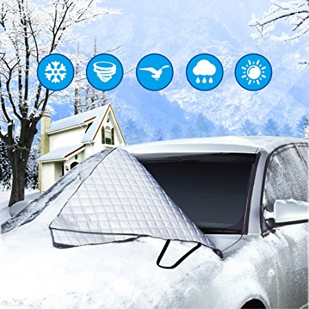 Car Windscreen Frost Cover - Exqline Windshield Snow Cover, Sun Shade Aluminum Car Protector with Flaps and Elastic Tags - Magnetic Edges Cotton Thicker Protection Cover Fits Most Vehicles All Weather