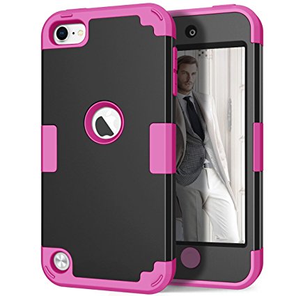 iPod touch 6th/5th Generation Case, Hocase Heavy Duty Shockproof Silicone Rubber Bumper Hard Shell Hybrid Protective Case for Apple iPod touch 6 & 5 - Black / Deep Pink