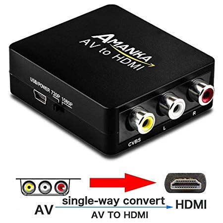 AMANKA RCA Composite CVBS AV to HDMI 1080P Video Audio Converter Support PAL/NTSC, for PS3/STB/Xbox/VHS/VCR/Blue-Ray DVD Players/TV/PC, Black