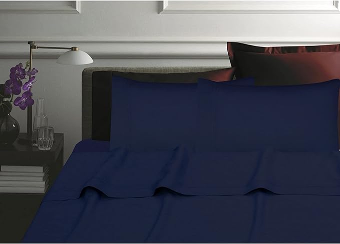Tribeca Living 300 TC Cotton Percale Extra Deep Pocket Sheet Set with Oversize Flat Midnight Blue Queen