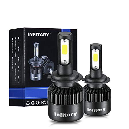 Infitary LED Headlight Bulbs Conversion Kits H7 All-in-One 72W/Pair 8000LM 6500K COB Chips High Low Beam Extremely Super Bright Cool White Lights Car Lamp 2 Pcs - 3 Year Warrenty (Black)