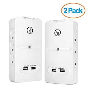 Yubi Power 6 Outlet Power Plug Surge Protector Wall Tap Side-entry with 2 USB Ports 2.1A 300 Joules - White - ETL Listed - 2 Pack