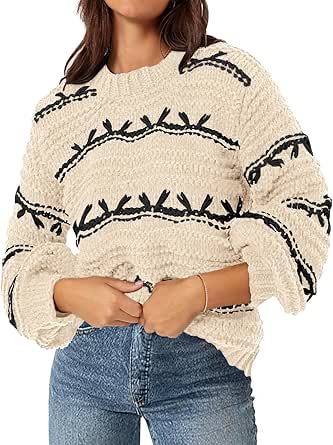 MEROKEETY Women's 2024 Long Sleeve Crew Neck Tops Casual Chunky Contrast Knit Pullover Sweaters