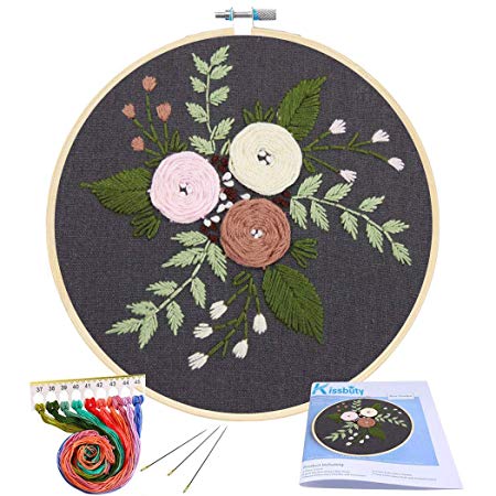 Full Range of Embroidery Starter Kit with Pattern, Kissbuty Cross Stitch Kit Including Embroidery Cloth with Floral Pattern, Bamboo Embroidery Hoop, Color Threads and Tools Kit (Black Roses 3)