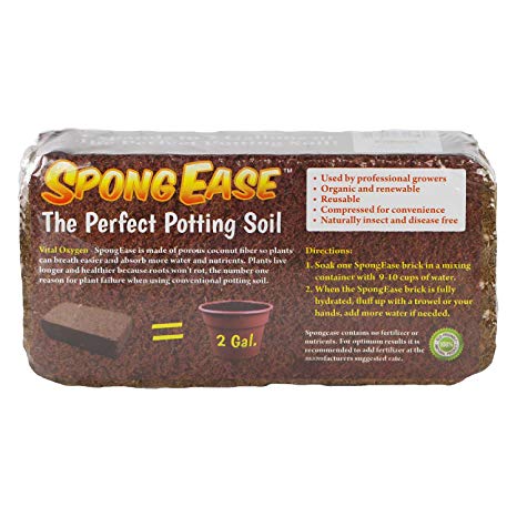 SpongEase Potting Soil Coconut Coir Brick, Makes 2gal for seedlings, rooting, vegetables, berries, roses, orchids, house plants. Supplies oxygen, water and your added fertilizer to roots eco friendly