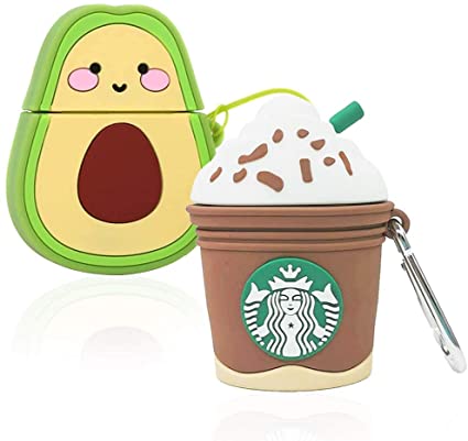 (2 Pack) Avocado   Coffee Ice Cream Cartoon Case Compatible With Airpods, I.P Funny Cute Cool Design for Girls Boys Kids Teens, Accessories Carabiner Protective Fun Character Skin Silicone Cover for A