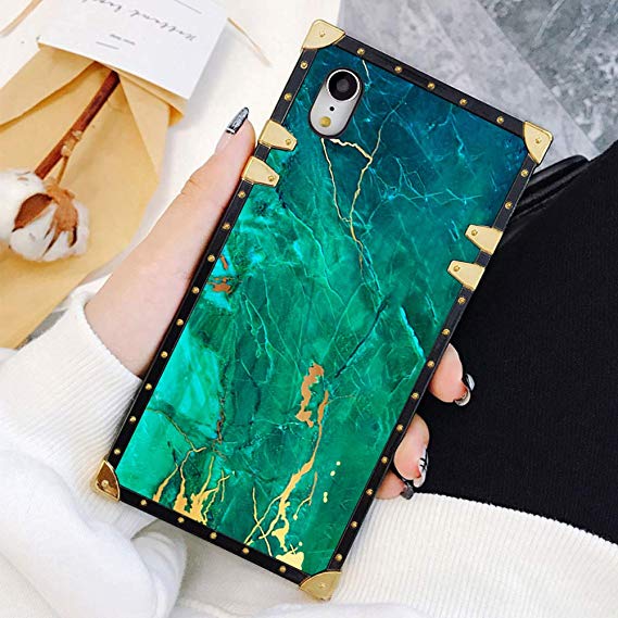 Square Case Compatible iPhone XR Green Gold Marble Luxury Elegant Soft TPU Shockproof Protective Metal Decoration Corner Back Cover Case iPhone XR Case 6.1 Inch