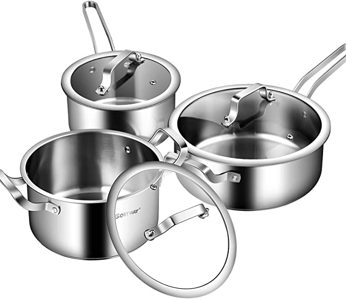 COSTWAY 6 Piece Stainless Steel Cookware Set, Induction Cooking Pots Set, Oven & Dishwasher Safe, Convenient Grip Handle, Tempered Glass Lid, Large Capacity, Even Heat Distribution