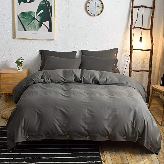 M&Meagle 3 Pieces Dark Grey Duvet Cover King,100% Washed Cotton Duvet Cover with Button Closure,Ultra Soft Natural Cotton Bedding Set-King Size(1 Duvet Cover 2 Pillowcases)