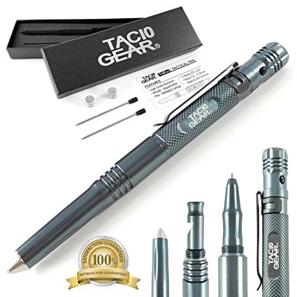 TAC10 GEAR Tactical LED Flashlight Pen - 2 Light Modes   Glass Breaker - Self Defense Tip   Alert Whistle   2 Sets Of Batteries   Extra ink   Gift Box (QTY 1, Gray)
