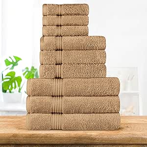 Superior Egyptian Cotton 9-Piece Towel Set, Assorted Towels for Home Bathroom, Guest Bath Decor Essentials, Includes 3 Bath, 3 Hand, 3 Face Towels/Washcloths, Quick Dry, Absorbent - Toast