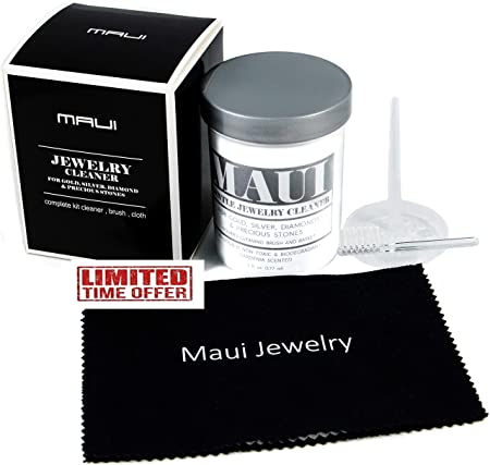 Maui Gentle Jewelry Cleaner Solution Kit with Polishing Cloth. Amonia Free Non-Toxic - Biodegradable Liquid Solution - Gardenia Scent - Cleaner for Gold Silver Fine Jewelry & Fashion Cleaning 6 Ounce