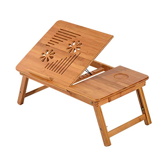 HomCom 22” Adjustable Wooden Folding Bamboo Laptop Bathtub Tray Table With Drawer