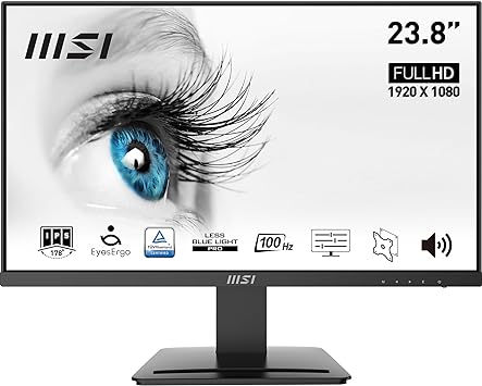 MSI PRO MP243X 23.8 Inch Monitor, Full HD (1920 x 1080), 100Hz, IPS, 4ms, HDMI, DisplayPort, Built-in Speakers, Anti-Glare, Anti-Flicker, Less Blue light, TÜV Certified, VESA, Kensington, Black