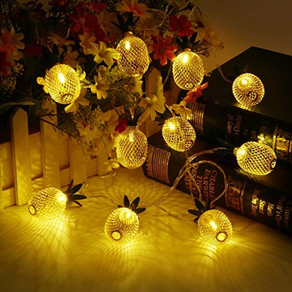 Omika Exclusive Green Leaf Gold Metal Mesh Pineapple Lantern String Lights, 6.5ft 10 LED Battery Powered Novelty Fairy Lights for Bedroom Wedding Birthday Party Decorations(Warm White)