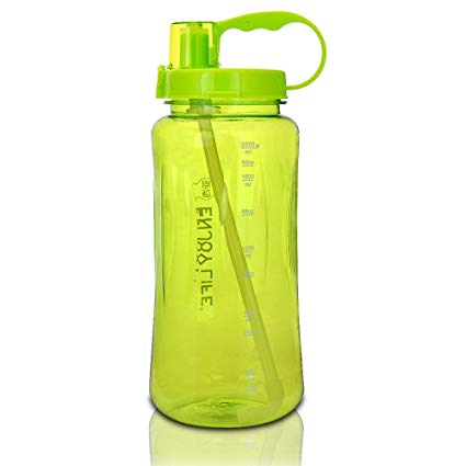 GTI Large Capacity Sports Water Bottle, BPA Free Wide Mouth Portable Big Plastic Bottle Leak Proof Space Cup Travel Mugs with Scale Straw Strap
