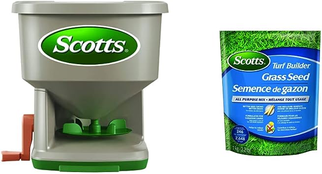 Scotts Whirl Hand Held Spreader (71006) & 20243 Turf Builder Grass Seed All Purpose Mix 1Kg