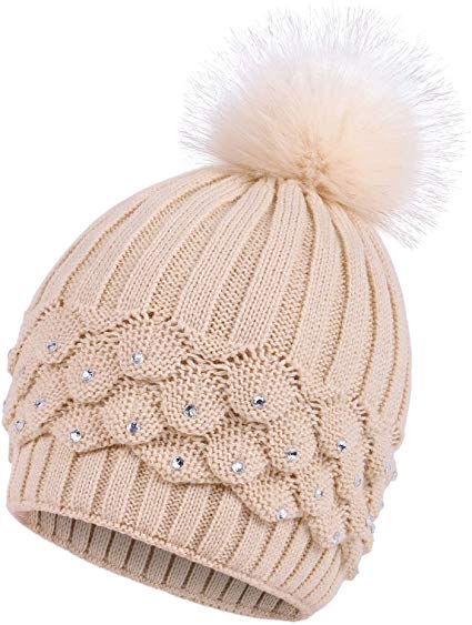 Arctic Paw Horizontal Cable Knit Beanie with Sequins and Faux Fur Pompom