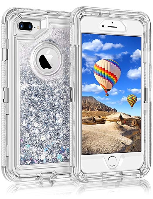 Coolden Floating Glitter Case Fit for iPhone 7 Plus / 8 Plus, Girls Women 3D Quicksand Liquid Sparkle Dual Layer Heavy Duty Cover Anti-Drop PC Frame TPU Back for 5.5” Apple iPhone 7 /8  Plus (Silver)