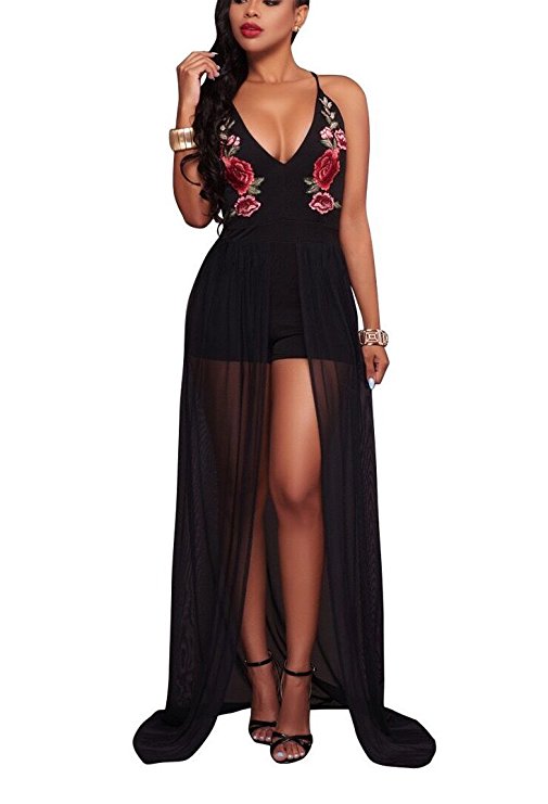 Womens Deep V Spaghetti Strap Backless Floral Maxi Dress Overlay Rompers Jumpsuits