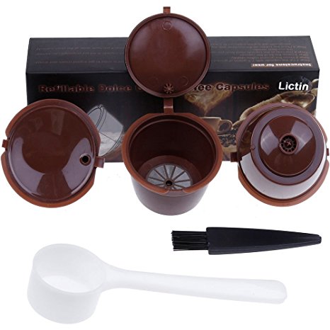 Lictin Pack of 3 Refillable Reusable Coffee Capsule for Dolce Gusto with 1Pc Plastic Spoon and 1 Cleaning Brush