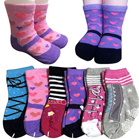 6 Pairs Toddler Socks Gilrs Baby Non Skid Ankel Crew Dress Socks with Grips Infant Anit Slip Kids Little Girl Cotton Cozy Socks(12-30 Months)