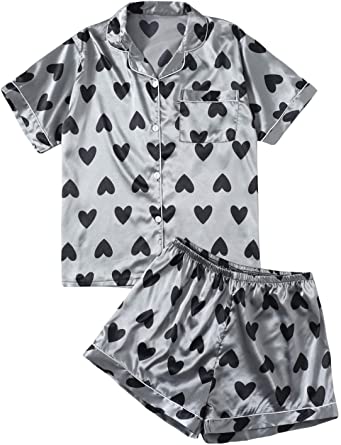 DIDK Women's Satin Contrast Binding Top and Shorts Pajama Set