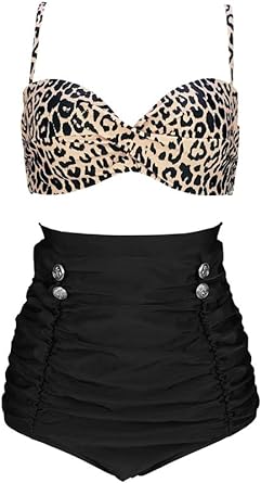 COCOSHIP Retro Polka Dot Twisted Front High Waisted Bikini Set Tie Belt Vintage Ruched Swimsuit(FBA)