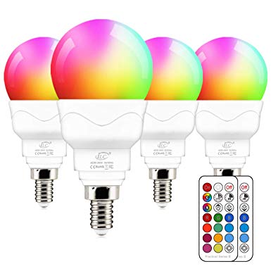E12 LED Light Bulbs (40w Equivalent) 5W, Color Changing RGB, Small Base Candelabra Round Light Bulb, A15 Candle Base, 5700K White 12 Colors 2 Modes Timing with Remote Control (4 Pack)