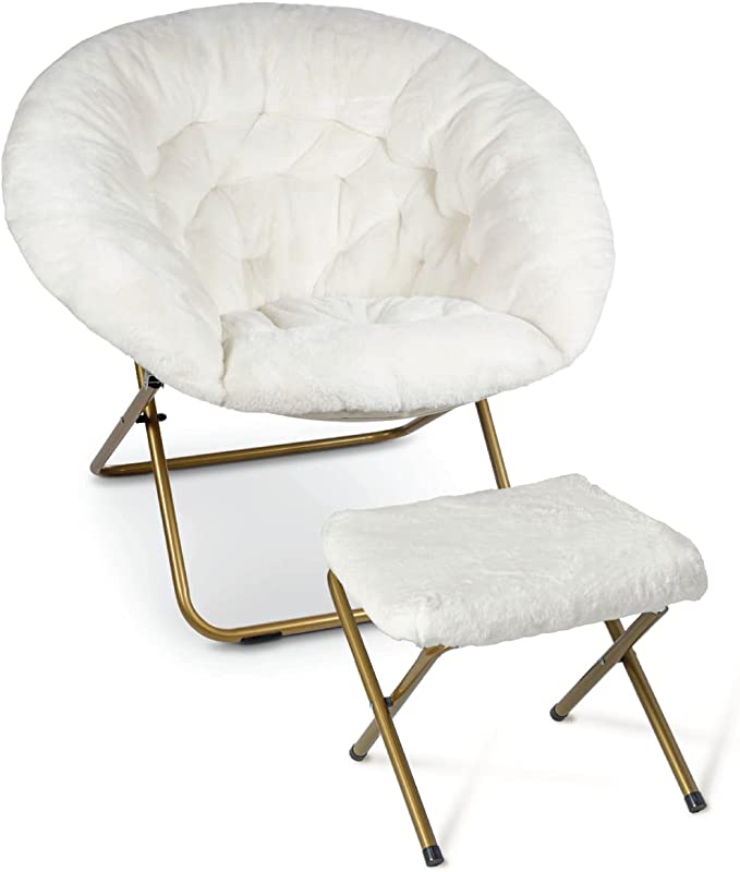 Milliard Cozy Chair/Faux Fur Saucer Chair for Bedroom/X-Large (White   Footrest)