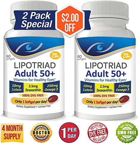 Lipotriad Adult 50  Eye Vitamin and Mineral Supplement w/10mg Lutein, Zeaxanthin, Omega 3, Vitamin C, E, Zinc Copper, 1 Per Day, 60 Softgels - 4mo Supply - 2pck