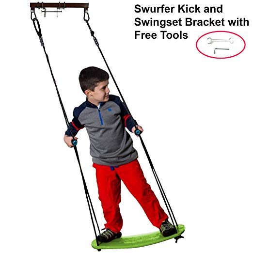 Swurfer Kick Stand Up Outdoor Surfing Tree Swing for Kids Up to 150 Lbs - Hang from Up to 10 Feet High - Includes 24" SwingBoard, UV Resistant Rope, & Handles (Green Bundle)