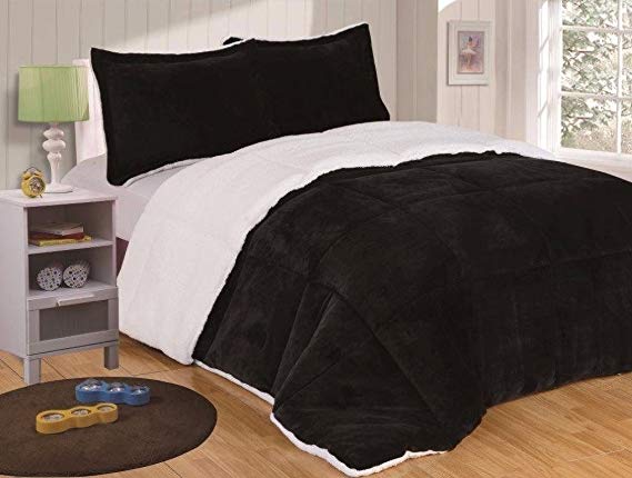 Chezmoi Collection 3-Piece Micromink Sherpa Reversible Down Alternative Comforter Set (Queen, Black)