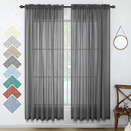 Dark Grey Sheer Curtains 84 Inches Long for Living Room 2 Panels Set Double Rod Pocket Window Semi Sheer Linen Textured Light Filtering Curtains for Bedroom Boys 52x84 Length Charcoal Gray Black