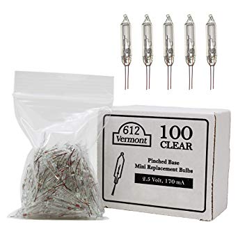 612 Vermont 2.5V Clear Mini Christmas Replacement Bulbs for Christmas Trees and Incandescent String Lights, Pinched Base, 100 Count (0.42 Watt, 170 mA)