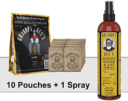 Grandpa Gus's Spider Repellent Pouches (0.88 Oz x 10) and Potent Spider & Ant Spray (8 Oz Bottle); Peppermint & Lemongrass Oil Formula, Use in Closet, Basement, Cabin, Shed, RV & Garage